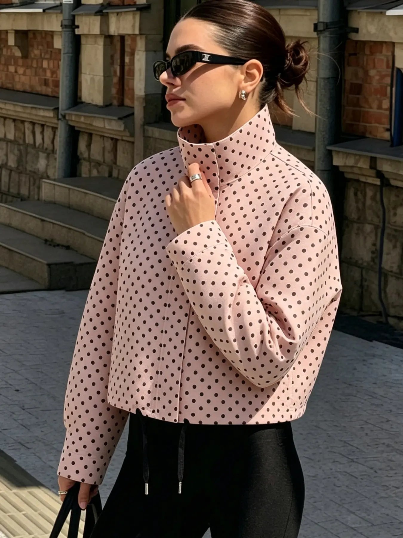 Polka Dot Women's Spring High Neck Long Sleeve Jacket