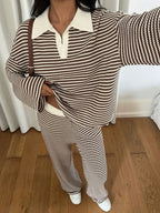 Women's 2pcs Set Loose Striped V-Neck Drop Shoulder Long Sleeve T-Shirt &Elastic Waist Striped Pants