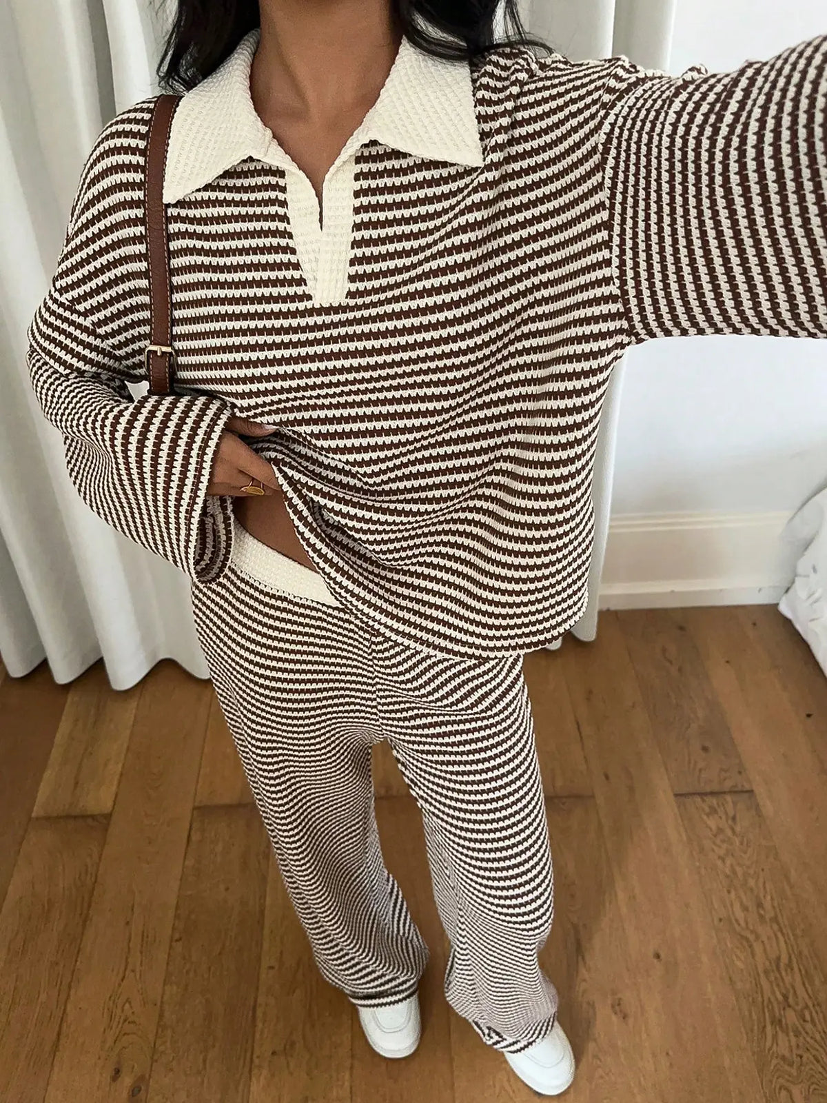 Women's 2pcs Set Loose Striped V-Neck Drop Shoulder Long Sleeve T-Shirt &Elastic Waist Striped Pants