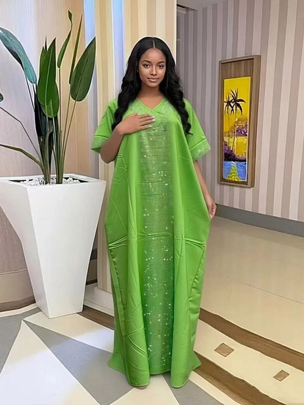 Women's Islamic Clothing Rhinestone Loose Boubou Kaftan Dress