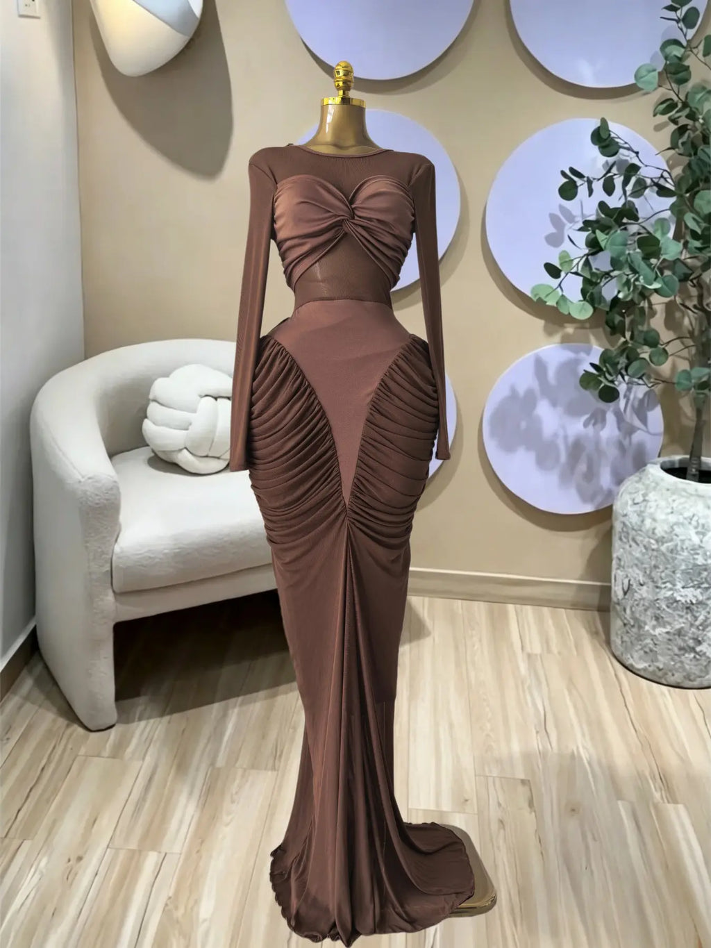 Women's Long Sleeve Patchwork Pleated Tiered Tie Smoked Formal Prom Dress