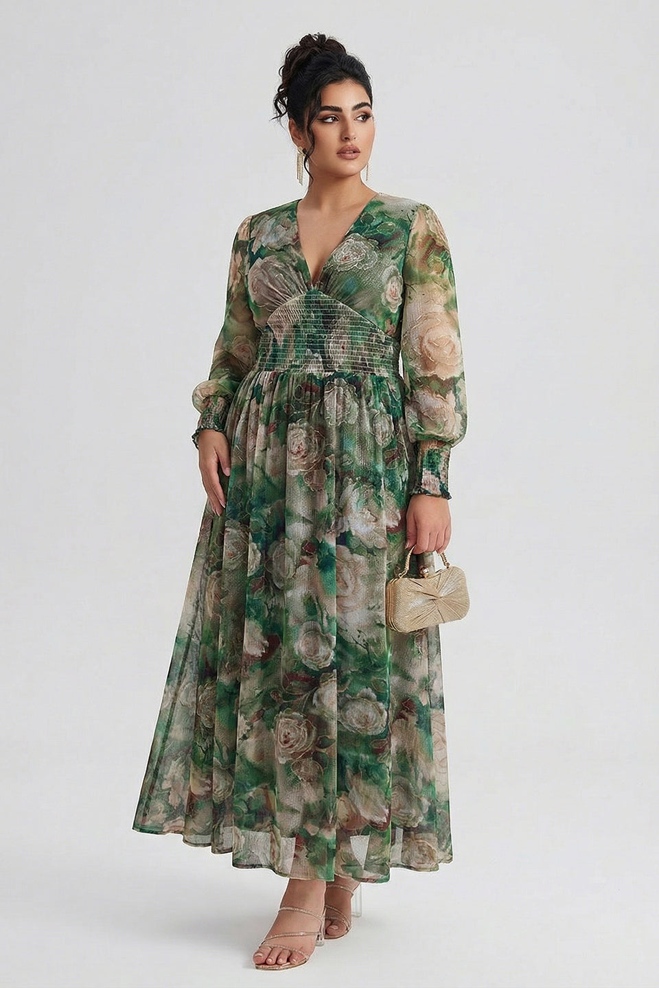 Curveins Plus Size V Neck Long Sleeve Floral Waist Maxi Dress