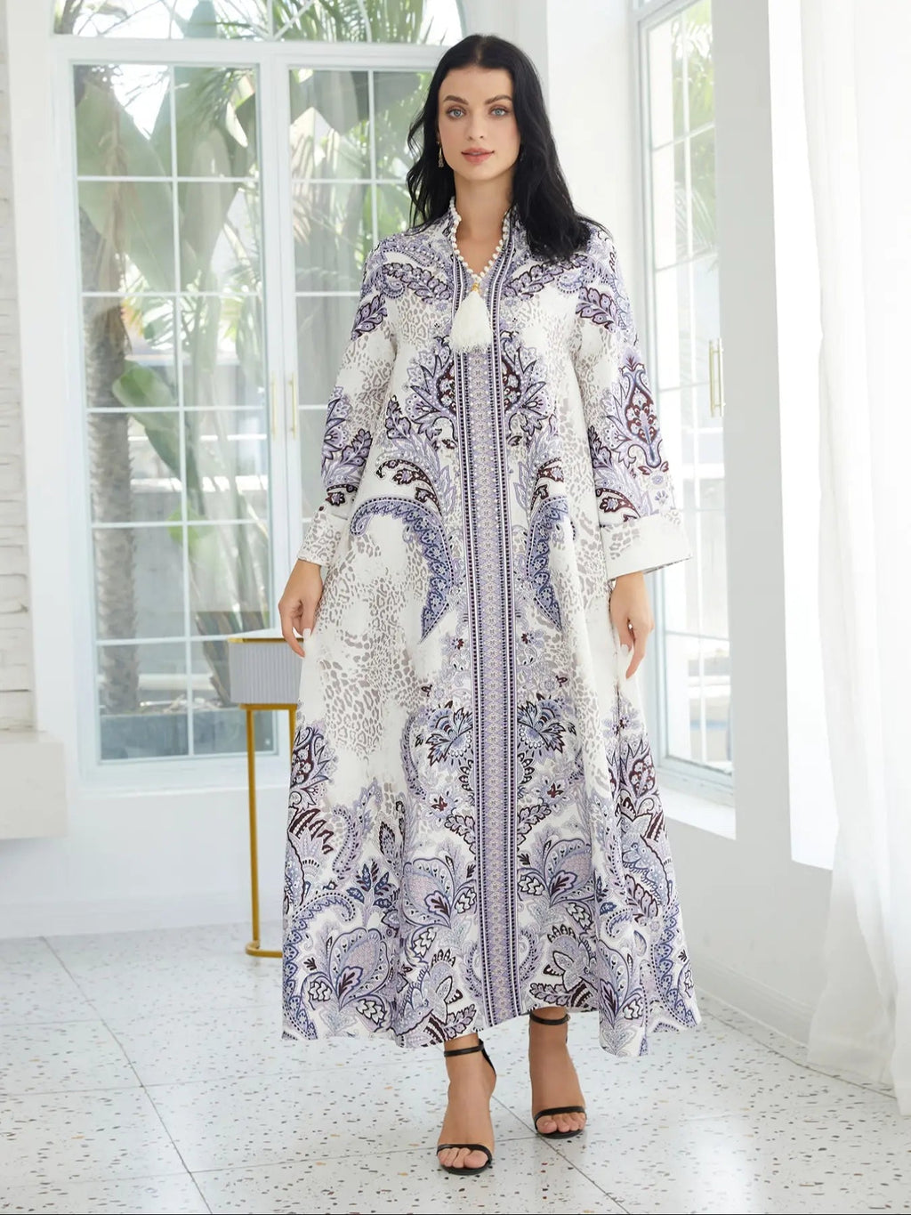 Women's V Neck Long Dress, All-Season Loose Fit A-Line Jalabiya, Soft 75D Stretch Fabric, Elegant Arabic Clothing