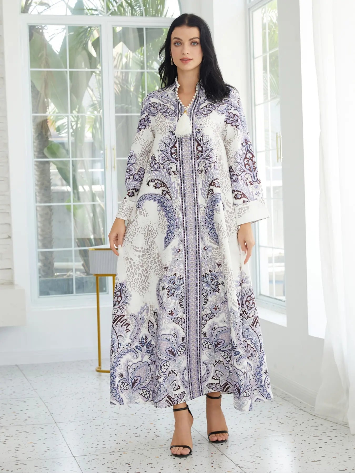 Women's V Neck Long Dress, All-Season Loose Fit A-Line Jalabiya, Soft 75D Stretch Fabric, Elegant Arabic Clothing