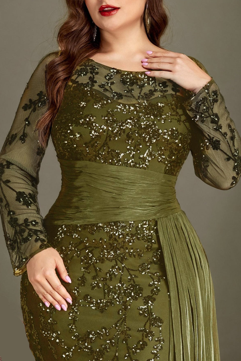 Curveins Plus Size Round Neck Embroidered Tie-Sash Bodycon Maxi Dress