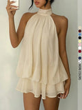 Women's Simple Solid Backless Halter One-Piece Jumpsuit, Elegant Ruffle Design, Perfect for Casual Wear, All Seasons Fashion