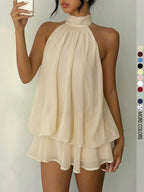 Women's Simple Solid Backless Halter One-Piece Jumpsuit, Elegant Ruffle Design, Perfect for Casual Wear, All Seasons Fashion