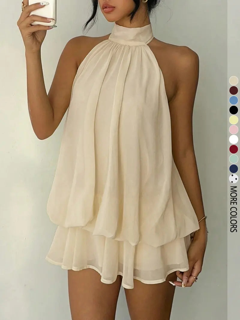 Women's Simple Solid Backless Halter One-Piece Jumpsuit, Elegant Ruffle Design, Perfect for Casual Wear, All Seasons Fashion