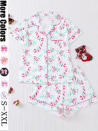 Women's Christmas Pajama Set, Santa Cookie Print, Short Sleeve Button-up Top & Elastic Shorts, Casual All-season Sleepwear, Christmas Pyjamas, Loungewear