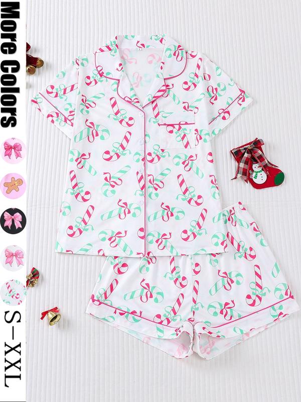 Women's Christmas Pajama Set, Santa Cookie Print, Short Sleeve Button-up Top & Elastic Shorts, Casual All-season Sleepwear, Christmas Pyjamas, Loungewear