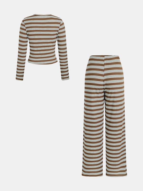 Women's Casual Colorblock Striped Long Sleeve Top & Loose-Fit Pants Set, Perfect for Holidays, Commuting, Daily Wear