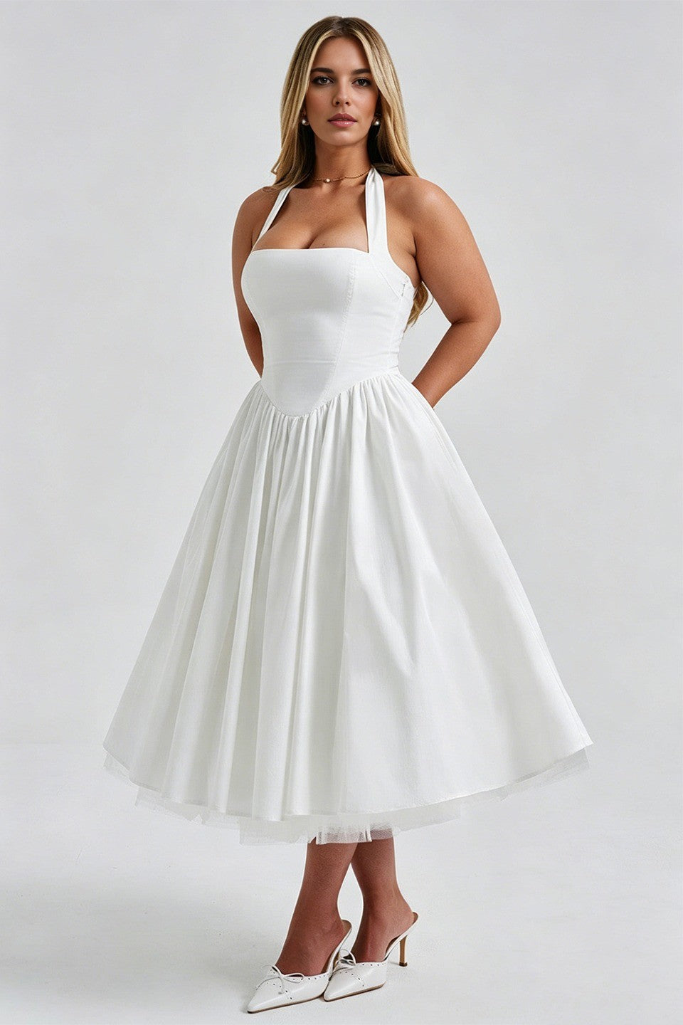 Curveins Plus Size Halter Neck Spaghetti Strap Sleeveless Puff Skirt Midi Dress