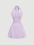 Women's Plain Ruched Tie Back Halter Neck Dress
