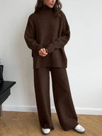 Women's 2 Pcs Sweater Set Autumn/Winter Long Sleeve Turtle Neck Drop Shoulder Solid Color Pullover Sweater and Wide Leg Pants