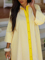 Elegant Women's Loose Collared Button Front Striped Shirt Dress