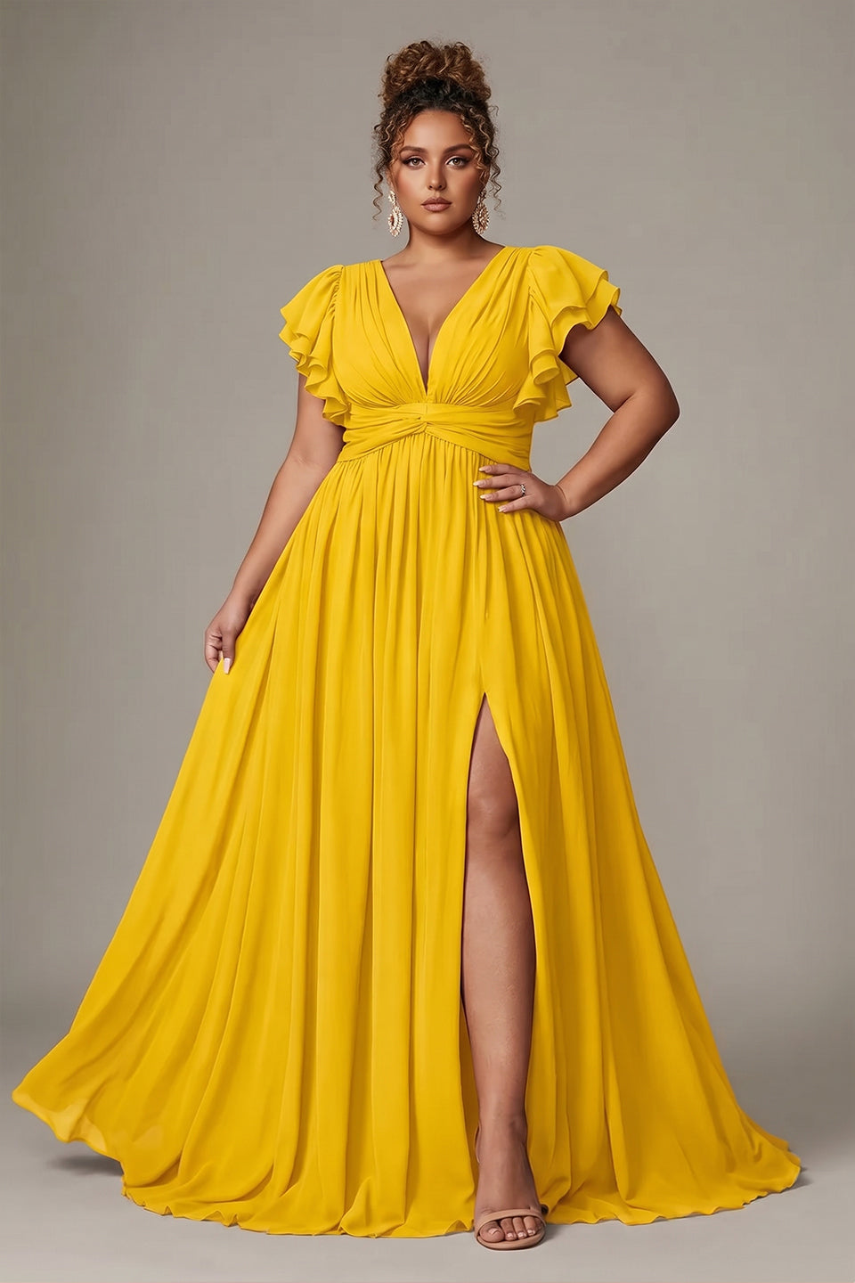 Curveins Plus Size V-Neck Ruffle Sleeve Split A-Line Maxi Dress