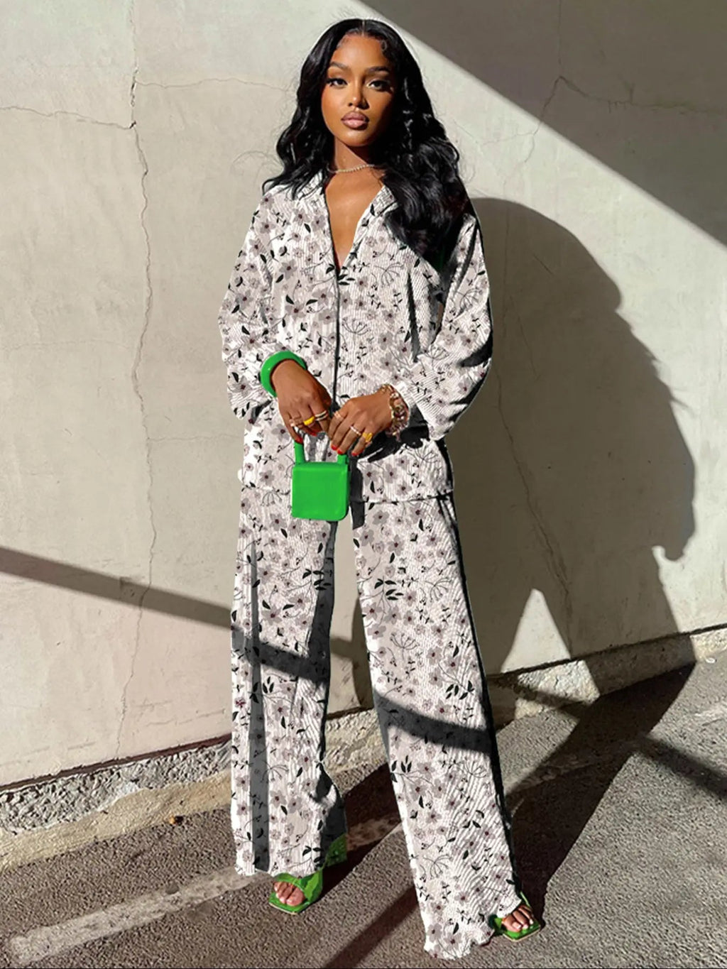 Women's Solid Button Front Shirt & Elastic Waist Pants Two-piece Set