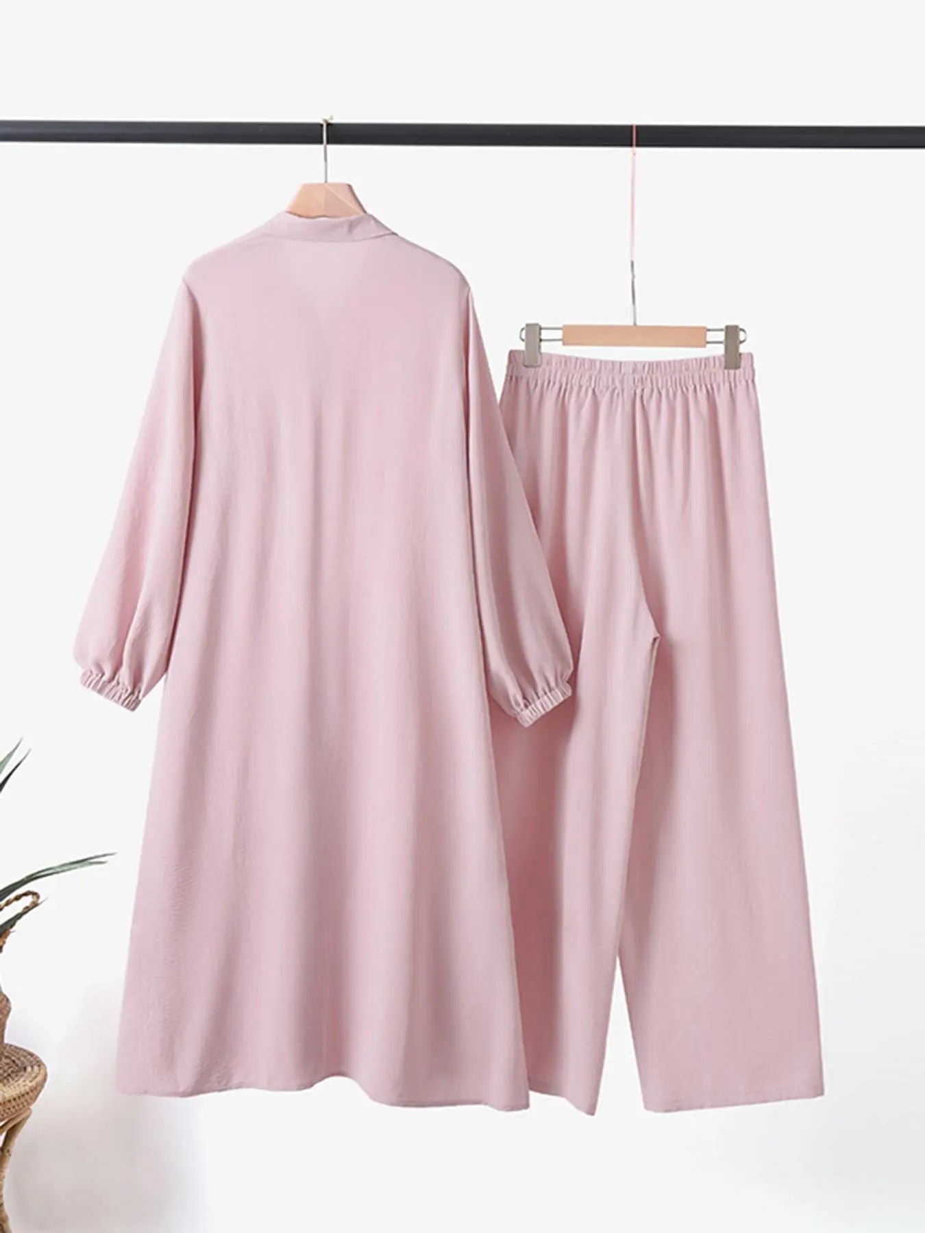 Two-Piece Set Women's Solid Color Asymmetrical Hem Button Front Longline Shirt & Wide Leg Pants, Casual Pocket Bishop Sleeve Collared Top & Elastic Waist Trousers for Fall & Winter, Women's Clothes for Daily Wear, Women's Outfit Sets