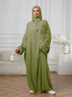Plus-Size Fashion Floral Dress with Hood and Drawstring — featuring a loose fit, long lantern sleeves, and a modest yet casual style.