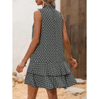Women's Geometric Print Bow Tie Dress, Tiered Layer Cake Skirt, Casual Spring Summer Wear, Fitted Short Sleeveless Design