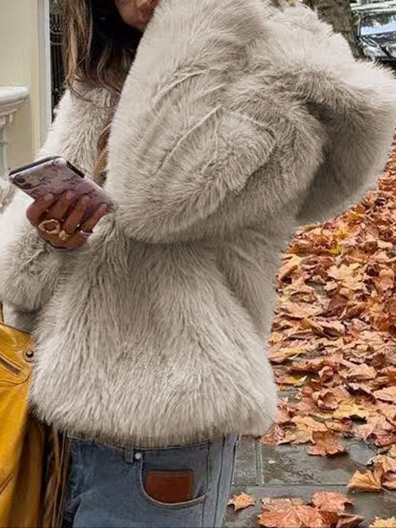 Women's Casual Faux Fur Hooded Jacket Short Style Fall & Winter Wear Moderate Fabric Thickness Fitted Design Coffee Brown Basic Outerwear Coats