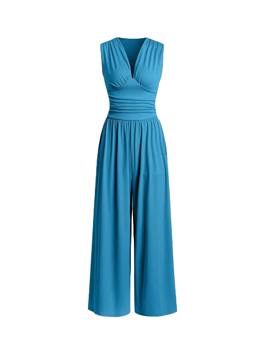Women's Plain Ruched Deep V Neck Wide Leg Jumpsuit, Sleeveless Ribbed Jumpsuit for Daily Wear, Ladies Clothes for All Seasons, Casual Basic Jumpsuit, Casual Jumpsuits