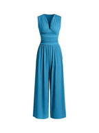 Women's Plain Ruched Deep V Neck Wide Leg Jumpsuit, Sleeveless Ribbed Jumpsuit for Daily Wear, Ladies Clothes for All Seasons, Casual Basic Jumpsuit, Casual Jumpsuits