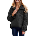 Women's Oversized Puffer Jacket Quilted Dolman Hoodies Pullover Long Sleeve Lightweight Warm Tops with Big Chest Pocket