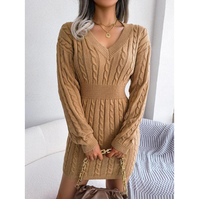 Women's Cozy V-Neck Cable Knit Sweater Dress – Soft Textured Drop Shoulder Long Sleeve Dress for Fall & Winter