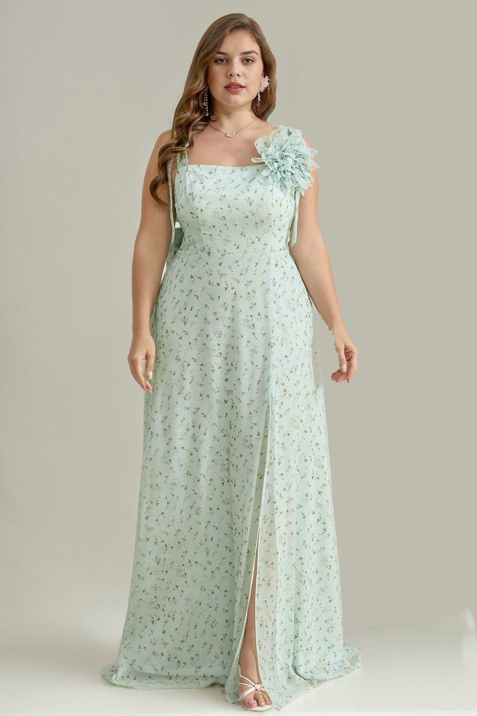 Curveins Plus Size Square Neck Spaghetti Strap Floral Embellishment High Slit Maxi Dress