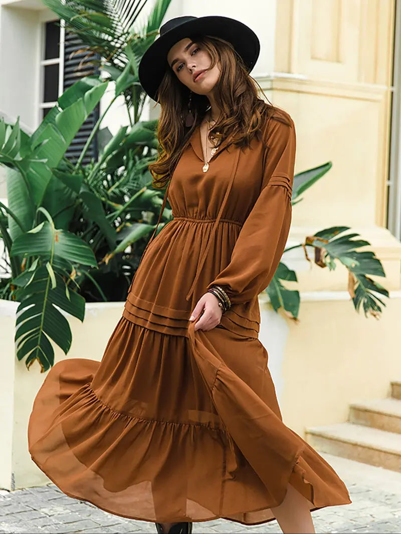 Women's Lantern Sleeve A-Line Maxi Dress, Spring & Summer Casual Long Dress, Plain Woven Fabric, Perfect for Outdoor Holidays