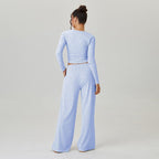 Women's Slouchy Square Neck Stripe Long Sleeve Crop Top & Low-Rise Wide Leg Trousers Co-ord, Minimalist Two Piece Outfits, Cozy Womenswear