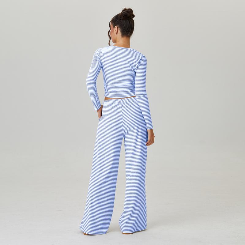 Women's Slouchy Square Neck Stripe Long Sleeve Crop Top & Low-Rise Wide Leg Trousers Co-ord, Minimalist Two Piece Outfits, Cozy Womenswear