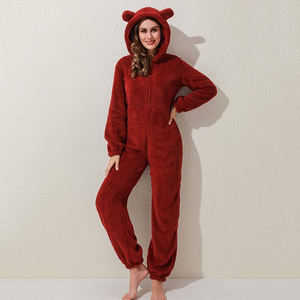 Womens Fleece Onesies Pajamas Jumpsuit Warm Sherpa Romper Sleepwear One Piece Zipper Hooded Playsuit Loungewear