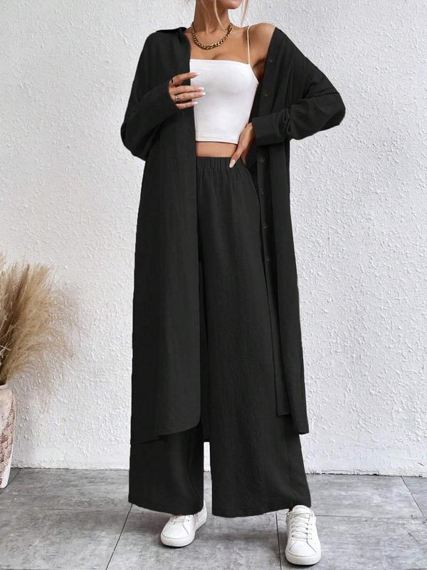 Women's Solid Button Front Shirt & Wide Leg Pants Two-piece Set, Casual Drop Shoulder Long Sleeve Top & Trousers Set, Women's Clothes for Daily Wear