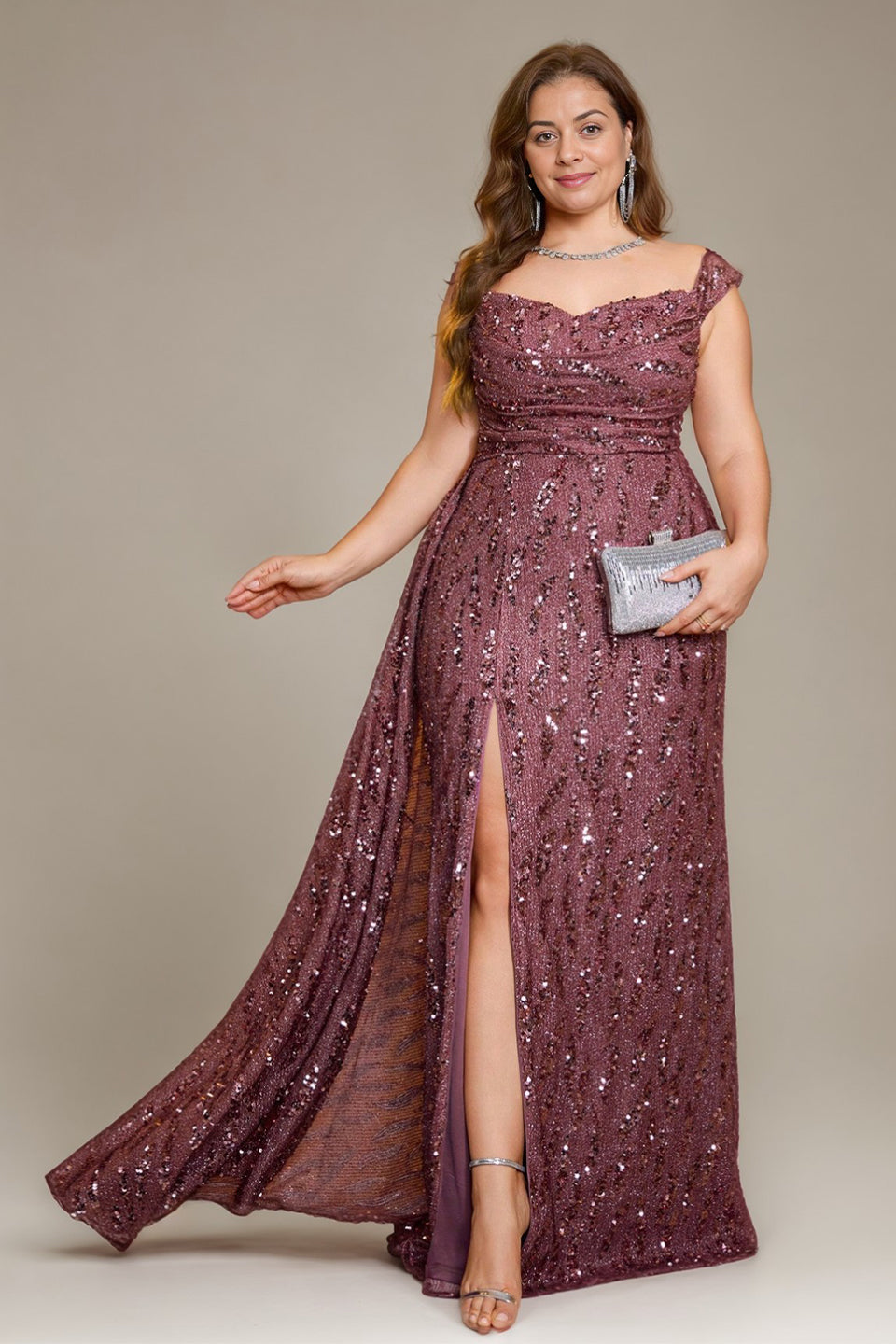 Curveins Plus Size V Neck Side Slit Spaghetti Strap Sequin Fitted Maxi Dress