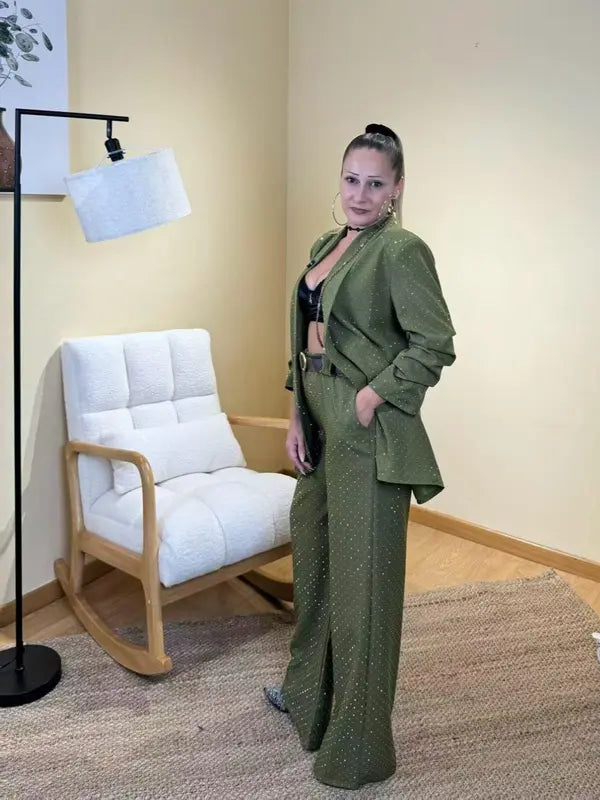 Complete Jacket and Trousers Set with Micro Sequins, 2-piece set with belt, Women's One Size, Elegant and Versatile