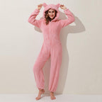 Womens Fleece Onesies Pajamas Jumpsuit Warm Sherpa Romper Sleepwear One Piece Zipper Hooded Playsuit Loungewear