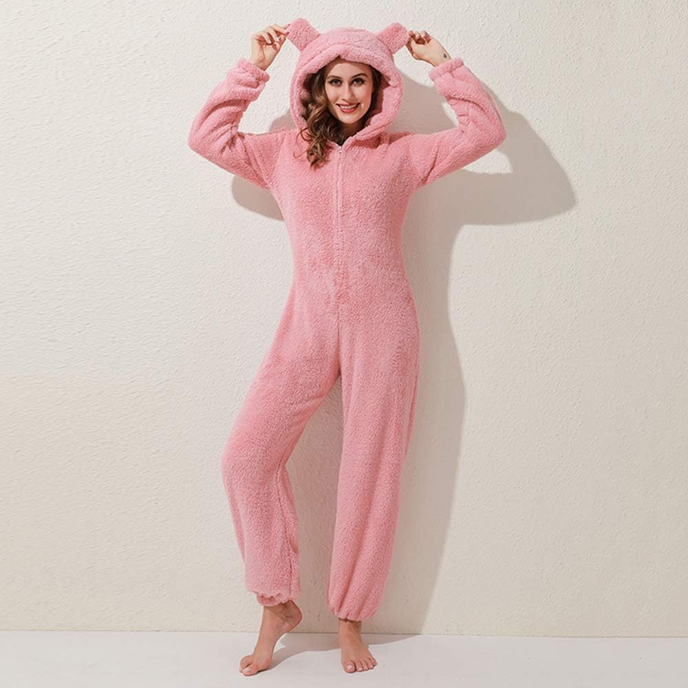 Womens Fleece Onesies Pajamas Jumpsuit Warm Sherpa Romper Sleepwear One Piece Zipper Hooded Playsuit Loungewear