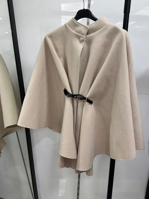 Women's Plain Front Buckle Belted Woolen Cape Coat