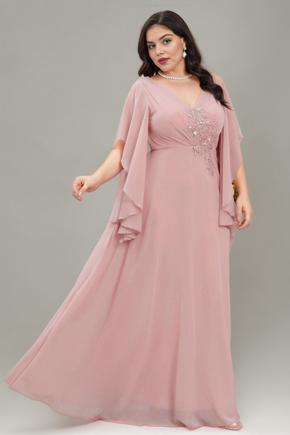 Curveins Plus Size V Neck Batwing Sleeve Chiffon Maxi Dress Elegant Flowing Fit