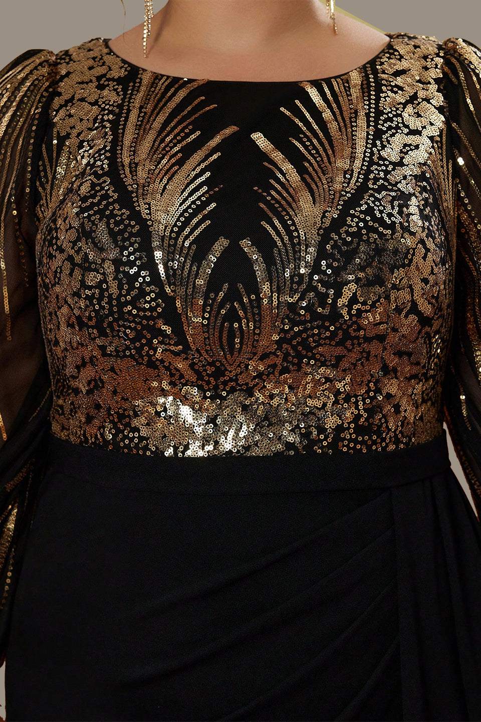 Curveins Plus Size Sequin-Panel Long Sleeve Waist-Defined Maxi Dress