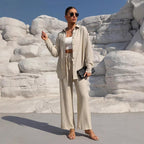 Women's Solid Button Front Shirt & Tie Front Wide Leg Pants Two-piece Set, Casual Drop Shoulder Long Sleeve Blouse Top & Trousers 2 Piece Set for Spring & Fall, Women's Clothes for Daily Wear Womenswear Suits Apricot Basic Minimalist