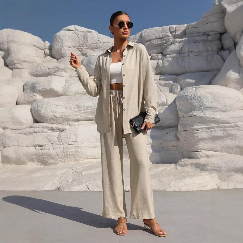 Women's Solid Button Front Shirt & Tie Front Wide Leg Pants Two-piece Set, Casual Drop Shoulder Long Sleeve Blouse Top & Trousers 2 Piece Set for Spring & Fall, Women's Clothes for Daily Wear Womenswear Suits Apricot Basic Minimalist