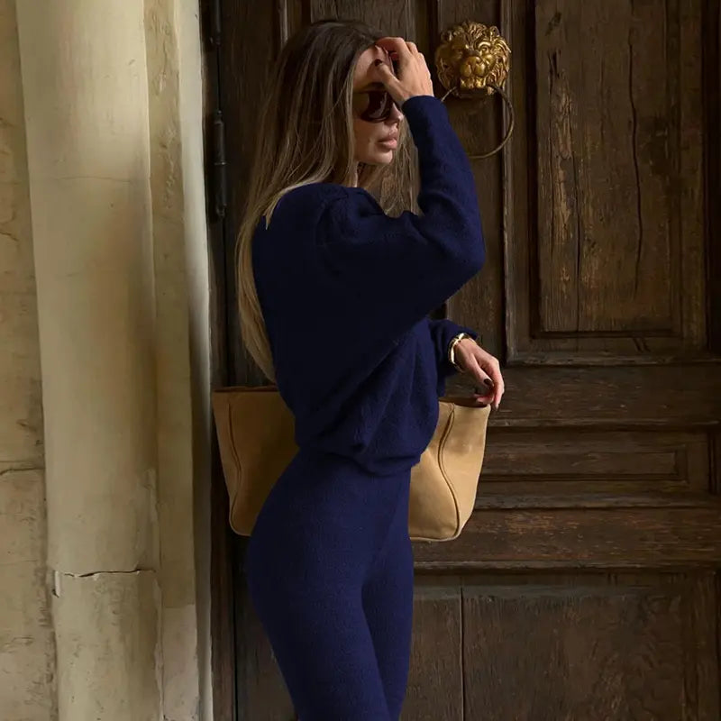 Women's Solid Asymmetrical Neck Top & Flare Leg Pants Set, Casual Drop Shoulder Long Sleeve Top & Trousers, Women's Fall & Winter Clothes for Daily Wear