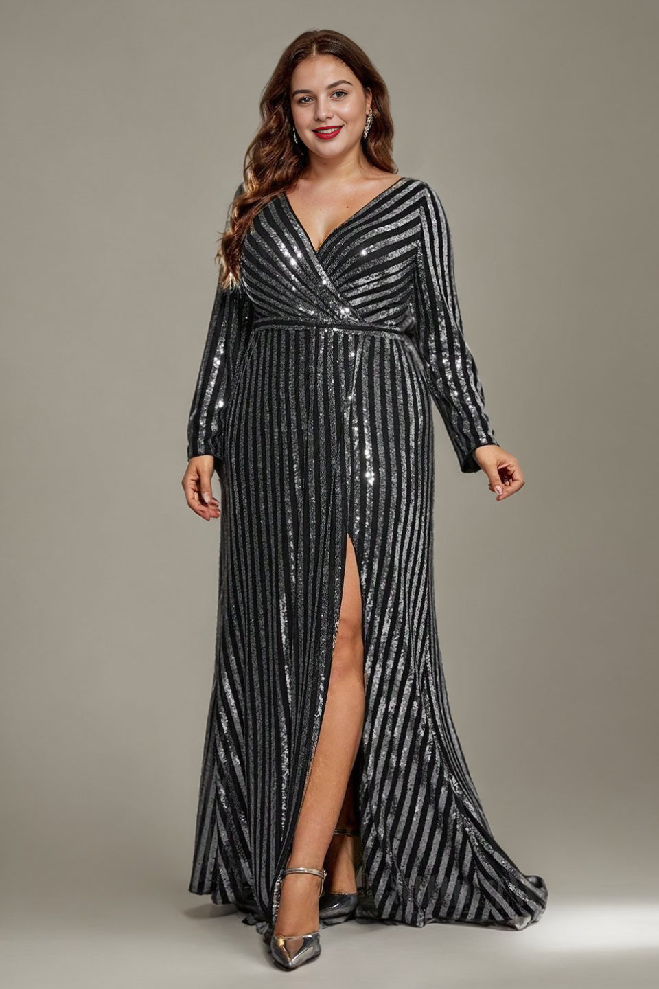 Curveins Plus Size V-Neck Sparkling Striped Sequin Evening Maxi Dress