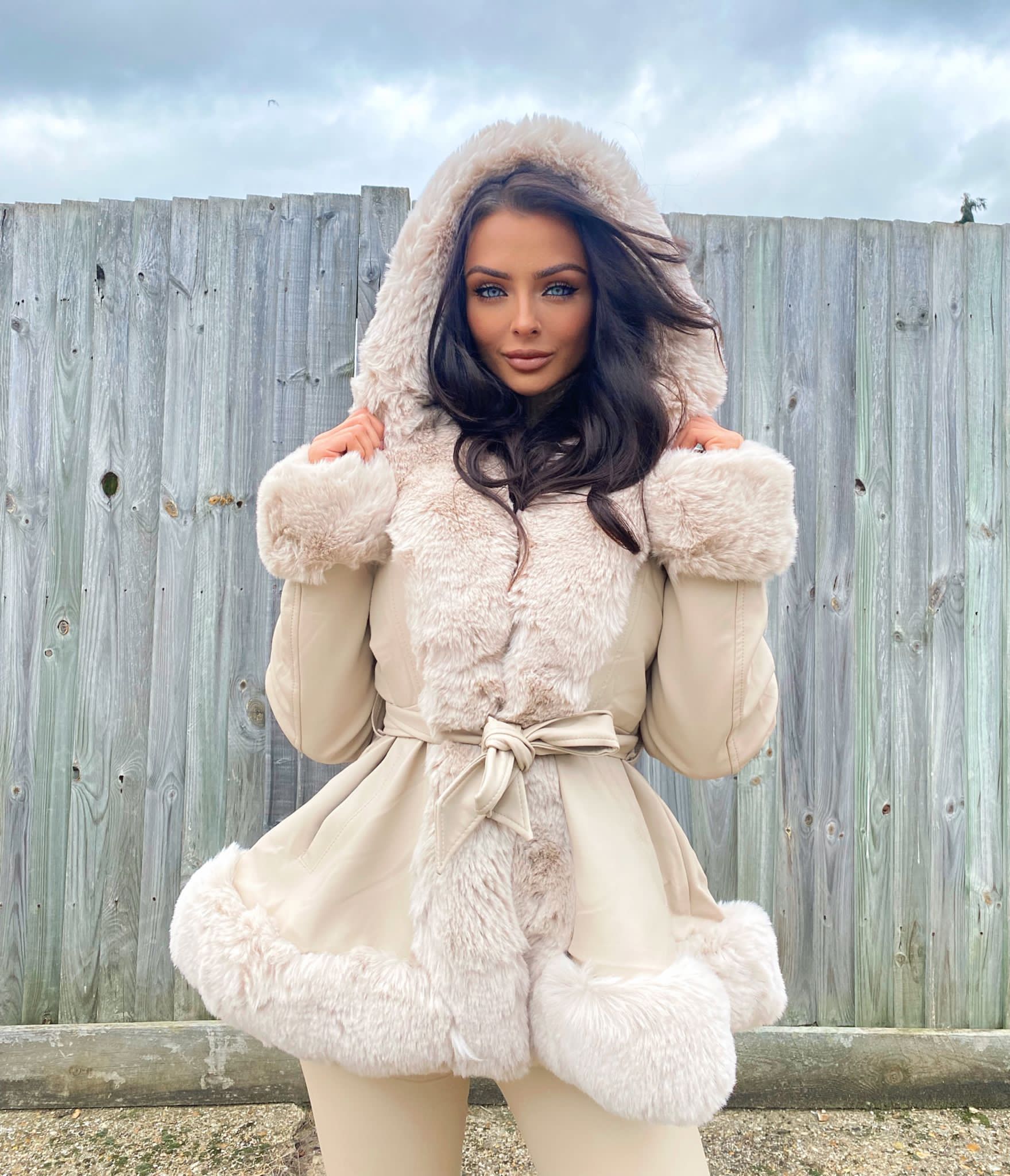 Belted Fur Hooded Coat