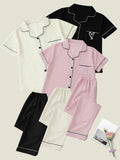 Women's Heart Embroidery Notch Collar Short-Sleeve Pocket Pajama Set, Casual Comfy Shirt & Shorts Sleepwear for All Seasons