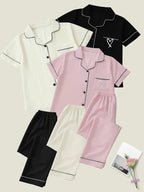 Women's Heart Embroidery Notch Collar Short-Sleeve Pocket Pajama Set, Casual Comfy Shirt & Shorts Sleepwear for All Seasons