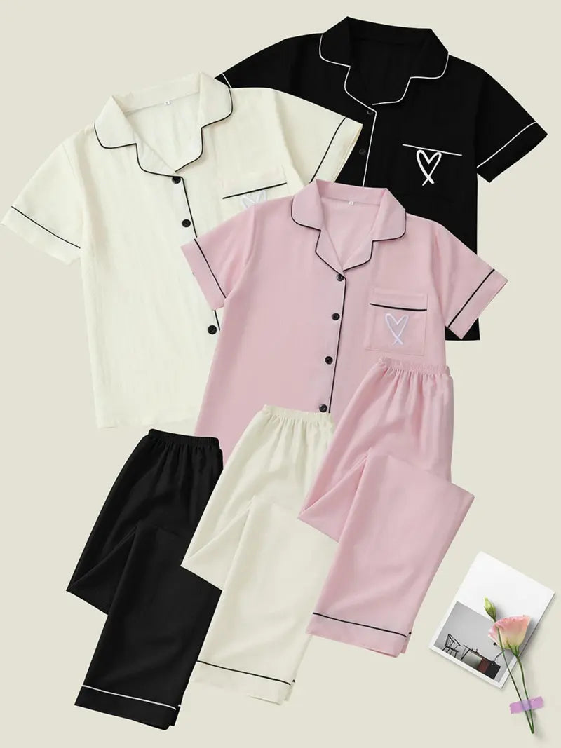 Women's Heart Embroidery Notch Collar Short-Sleeve Pocket Pajama Set, Casual Comfy Shirt & Shorts Sleepwear for All Seasons